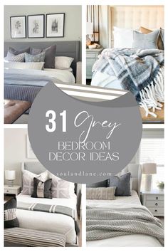 grey bedroom decor ideas with white and gray accents, including pillows, blankets and pictures on the wall