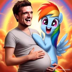 a man is smiling while he holds his pregnant belly in front of an image of a rainbow dash