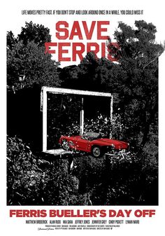 a red car is parked in front of a basketball hoop with the words save ferris on it