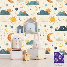 children's room with wallpaper and toys in front of the moon and stars pattern