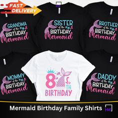 8th Birthday Shirt Girls Mermaid Birthday Tee Mermaid Shirt Mermaid Family Birthday TShirt 8th Birthday Girl Matching Shirts Under Sea Party 👉 Product Details: All Shirts are unisex and perfect for men or women. 👈 🌟 Please make sure you choose your desired style from the drop down menu and review the size chart to ensure you are ordering the best item from you. Most listings have various styles (Short Sleeve Crewneck T-Shirt, Short Sleeve V-Neck, Sweatshirts, Hoodies, Long-sleeve T-Shirt). Pl Family Tshirt Ideas, Birthday Mermaid Shirt, Under Sea Party, Mermaid Family, Family Tshirt, Birthday Mermaid, Under Sea, Mermaid Shirt, Birthday T Shirts