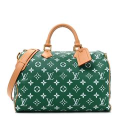 This is the authentic LOUIS VUITTON  Calfskin Monogram Speedy P9 Bandouliere 25 in Green. This is crafted of green calfskin leather with white Louis Vuitton monogram throughout. This bag features vachetta rolled leather top handles, shoulder strap with brass hardware, and trim. The top zipper opens to a leather interior with a zipper pocket. Green Lv Bag, Louis Vuitton Weekender, Green Louis Vuitton Bag, White Louis Vuitton, Louis Vuitton Travel, Louis Vuitton Totes, Louis Vuitton Purse, Louis Vuitton Damier Ebene, Monogram Bag