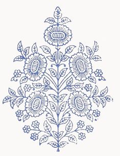 a blue and white drawing of flowers on a white background