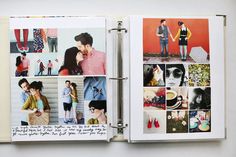 an open book with pictures and words on the pages, showing people in different outfits