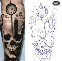 a tattoo with a skull and clock on the left side of his leg, next to an image of a human skull