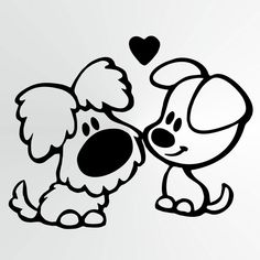 a cartoon dog kissing another dog with a heart on its nose, in black and white