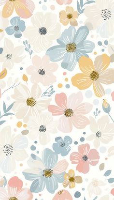 an abstract floral pattern with blue, pink and yellow flowers