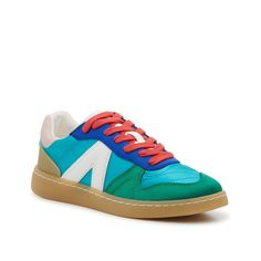 Mia-Vesta Sneaker - Women's Enjoy vintage vibes by rocking the Vesta sneakers from Mia! The simple style is complete with retro stripes, bright colors, and a sporty vulcanized sole. Featuring an extra pair of laces so you can easily change up the look. Casual Multicolor Sneakers With Contrast Sole, Retro Multicolor Sneakers With Rubber Sole, Casual Multicolor Color Block Sneakers, Retro Lace-up Summer Sneakers, Retro Color Block Sneakers, Bold Spring Streetwear Sneakers, Multicolor Gum Sole Sneakers For Spring, Trendy Green Sneakers With Gum Sole, Sporty Summer Sneakers With Gum Sole