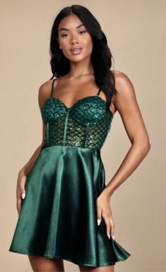 SOLD OUT! Lulus Going Glam Dark Green Sequin Bustier Skater Dress Sz S  | eBay Sequin Bustier, Colour Names List, Mini Homecoming Dresses, Prom Dresses Sleeveless, Short Homecoming Dress, Green Sequins, Hoco Dresses, Green Satin, Homecoming Dress