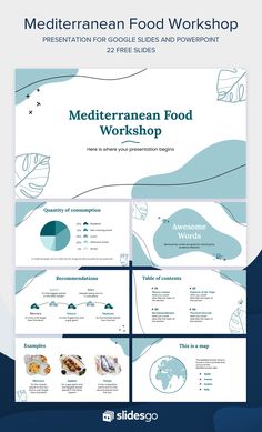 the mediterranean food powerpoint presentation is shown in blue and white colors, with an image of