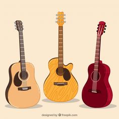 three guitars are lined up in a row on a beige background, one is red, the other is brown