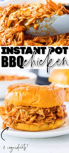 an instant pot roast bbq chicken sandwich on a white plate with the recipe title above it