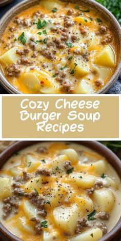 two bowls filled with cheesy hamburger soup