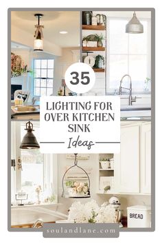 a kitchen with white cabinets and lots of lights above the sink is featured in this post