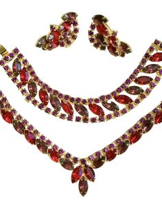 Demi Parure Earrings Necklace Bracelet Set Rhinestone Red Purple UNSIGNED  | eBay Red Rhinestones Jewelry Sets For Party, Red Rhinestone Party Jewelry, Red Rhinestone Jewelry For Evening, Red Rhinestone Evening Jewelry, Party Jewelry Sets With Stones, Evening Red Jewelry With Rhinestones, Elegant Red Rhinestone Necklaces, Red Hand-set Necklace For Party, Formal Jeweled Costume Jewelry Sets