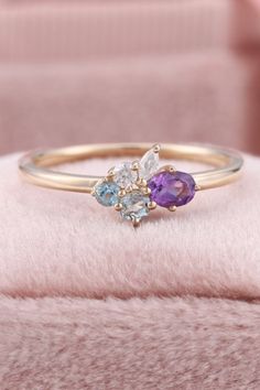 Amethyst Cluster Gemstone Jewelry, Cluster Rings With Gemstone Accents For Gift, Cluster Ring With Gemstone Accents For Anniversary, Cluster Birthstone Ring Fine Jewelry, Multi-stone Cluster Promise Ring, Multi-stone Cluster Ring As Promise Ring, Multi-stone Cluster Open Ring For Promise, 14k Gold Multi-stone Amethyst Ring, Marquise Cut Multi-stone Diamond Ring As Gift