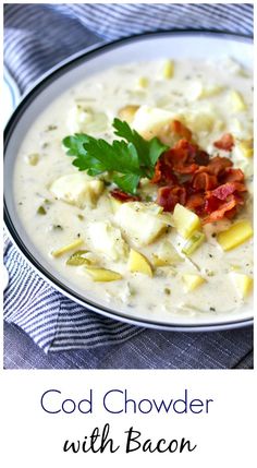 a white bowl filled with soup and garnished with bacon