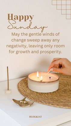 a woman lighting a candle on top of a table with a message about happy sunday