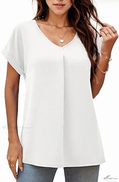 Elluis - Classic Loose-Fit Short Sleeve Blouse featuring a Stylish Casual Neckline Relaxed Fit V-neck Plain Blouse, Relaxed Fit V-neck Blouse, V-neck Relaxed Fit Plain Blouse, Plain V-neck Relaxed Fit Blouse, Casual Blouse, Short Sleeve Blouse, Workout Shorts, Medium Length, Sleeve Blouse