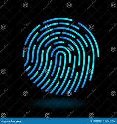 a fingerprint on a black background with blue light in the middle stock photo - image