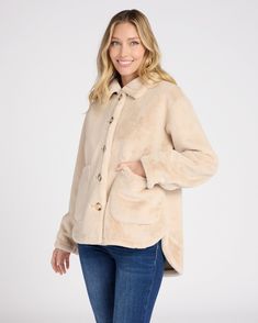 Clap back at the cold with class in this faux fur jacket! Relaxed shacket silhouette with a button-up front and two oversized pockets perfect for stashing essentials. | Faux Fur Jacket for Women by Love Token from Wantable Everyday Winter Shacket With Flap Pockets, Casual Faux Fur Coat With Faux Fur Lining, Oversized Long Sleeve Faux Fur Outerwear, Oversized Faux Fur Outerwear For Cold Weather, Oversized Faux Fur Outerwear With Long Sleeves, Cozy Winter Shacket With Relaxed Fit, Fall Outerwear With Soft Texture For Everyday, Trendy Fur Coat With Pockets For Cold Weather, Casual Faux Fur Outerwear With Long Sleeves