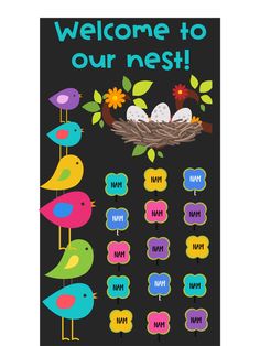 a poster with birds and flowers on it that says, welcome to our nests