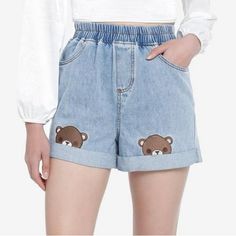 Bear-Ly Know What To Wear? Reach For These Denim Mom Shorts! They Feature Supercute Details Like Embroidered Teddy Bear Faces Peeking Up From The Bottom Hems, Plus Cuffed Legs And An Elasticated Waist For Extra Comfort. 100% Cotton New Without Tags. Inventory #P1995 Cute Denim Blue Cotton Shorts, Cute Cotton Bottoms With Pockets, Cute Summer Pants With Pockets, Cute High Waist Cotton Bottoms, Cute Denim Blue Short-length Bottoms, Cute High-waist Cotton Bottoms, Cute Short Length Denim Bottoms, Cute Denim Bottoms For Summer, Cute Light Blue Cotton Bottoms