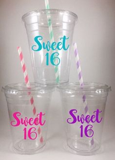 three plastic cups with different colored straws in them and the words sweet 16 on each cup