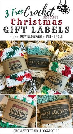 crochet christmas gift labels are shown in four different colors and sizes, with the text