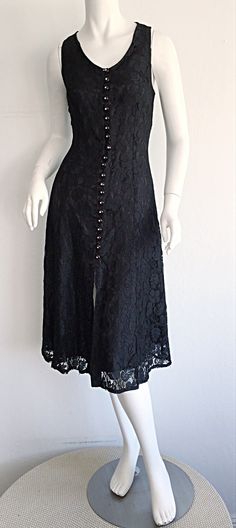 Paco Rabbane 1990s Black Lace Babydoll Dressw/ Rhinestone Buttons 2 Elegant Fitted Corset Dress With Buttons, Elegant Lace Dress With Buttons, Fitted Gothic Lace Dress, Formal Corset Dress With Lace Trim, Gothic Lace Dress For Evening, Gothic Fitted Lace Dress For Parties, Black Gothic Fitted Lace Dress, Black Fitted Gothic Lace Dress, Black Vintage Corset Dress For Formal Occasions