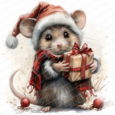 a mouse wearing a santa hat and holding a present