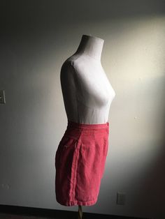 "1950s pre-shrunk cotton shorts soft red w/white undertone double seams down front zip fly, button top white stitching right back pocket worn in stencil/ink back right near hem measures, flat, waist-12 1/4\" rise-13 3/4\" inseam-3\" hem-11\" hip-20 1/2\"" Retro Cotton Bottoms With Built-in Shorts, Fitted Cotton Pants With Built-in Shorts, Vintage Fitted Shorts With Pockets, Vintage Short Cotton Pants, Vintage Cotton Short Pants, Fitted Vintage High Waist Shorts, Vintage High Waist Fitted Shorts, Vintage Fitted High Waist Shorts, Fitted Cotton Shorts With Pockets