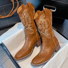 Women Mid Calf Boots Autumn Winter Square Heel Boots West Cowboy PU Retro Embroider Women Boots Ladies Punk Boots Boots For Women Cowboy, Square Heel Boots, Heeled Chelsea Boots, Punk Boots, Backpack Lunch Bag, Sac Lunch, Cowboy Boots Women, Brown Heels, Womens Mid Calf Boots