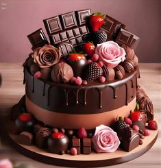 a chocolate cake with strawberries, roses and chocolates on the top is sitting on a wooden table