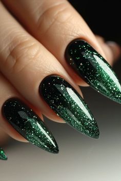 Green Sparkly Nails, Fresh Manicure, Long Almond, Witchy Nails, Green French, Chrome Nails Designs