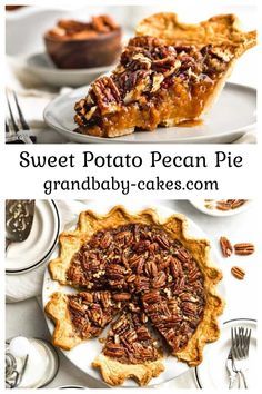 sweet potato pecan pie with granola and pecans on the side, served in white dishes