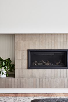 a living room with a fireplace and two potted plants on the wall next to it