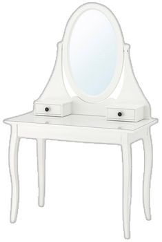 a white dressing table with a mirror and drawers on it's sides, in front of a white background