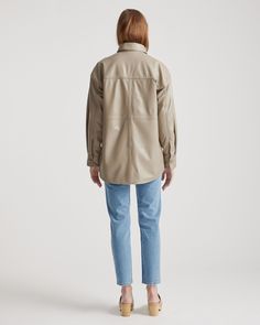 Part shirt, part jacket, 100% top grain leather. This oversized, relaxed-fitting shacket is your perfect go-to style as the temperature starts to drop. With dropped shoulders, adjustable button closure cuffs, and a rounded hem, this jacket is made for layering and goes with just about everything. Buttery-soft and incredibly stylish, you'll be happy wearing it again and again. Read more about what makes our leather special in our Leather 101 guide.  | Quince | Women's Shirt Jacket in Mushroom, Si Oversized Collared Leather Jacket For Fall, Oversized Collared Leather Jacket, Oversized Leather Outerwear For Fall, Fall Leather Outerwear With Relaxed Fit, Relaxed Fit Leather Outerwear For Fall, Leather Long Sleeve Tops For Fall, Casual Leather Jacket For Workwear, Casual Relaxed Fit Leather Jacket For Work, Casual Leather Jacket For Work With Relaxed Fit