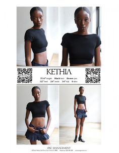 three photos of a woman in black top and skirt with the words ketcha on it