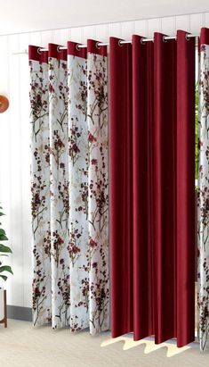 red and white curtains with flowers on them