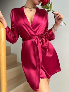 1pc Women's Solid Color Elegant Tie-Front Short Robe, Lightweight Silky Sexy Comfortable Sleepwear For Home Use Burgundy Elegant  Wrist-Length Sleeve Woven Fabric Plain,Textured Pattern  Non-Stretch All Women Sleep & Lounge, size features are:Bust: ,Length: ,Sleeve Length: Short Kimono Robe, Womens Bathrobes, Silk Dressing Gown, Satin Kimono, Satin Long Sleeve, Short Kimono, Silk Robe, Belted Shorts, Fashion Joggers