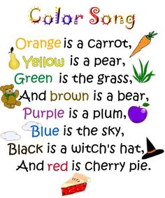 an orange is a carrot yellow is a pear green is the grass purple is a plum blue is the sky black is a witch's hat and red is cherry pie