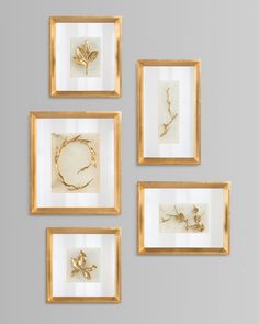 four gold leaf framed art pieces hanging on a wall