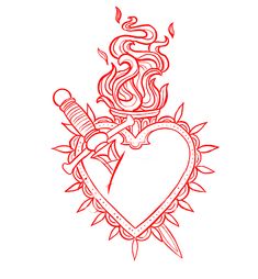 a drawing of a heart and dagger with flames coming out of the center, on a white background