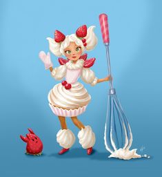 a cartoon character holding a whisk next to a cupcake