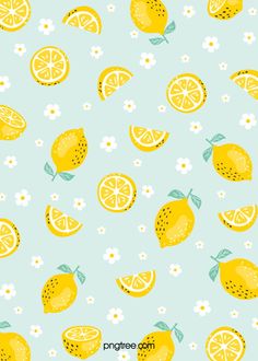 yellow lemons and daisies on a light blue background with white flowers in the center