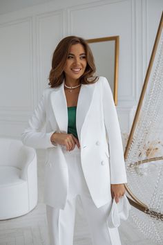 Fabric: Suit crepe diagonal Available sizes: XS, S, M, L Color: Red, Black, White, Sky-Blue, Crimson, Beige White Pant Suits For Women, White Suit Women, White Pantsuit, Tailored Jumpsuit, Street Style Fall Outfits, White Suit, White Sky, Summer Street, White Belt