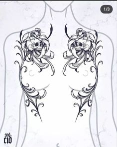 the back of a woman's torso with flowers and leaves tattoo design on it