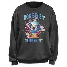 If you're looking for the hottest new trends, you're in the right place! Take your everyday style to the next level with this new Juniors' Butterfly Summer Rock Tour Graphic Oversized Sweatshirt from Lost Gods! This cool, everyday sweatshirt features the text: "Rock Fest Summer 07," and a crystal ball with a traditional butterfly inside. Grab this new graphic sweatshirt today and make everything from workouts to running errands, or even just lounging around the house a little extra chic! Oversized Casual Sweatshirt For Concerts, Relaxed Fit Top With Letter Print For Music Festivals, Relaxed Fit Letter Print Tops For Music Festivals, Text Print Top For Fall Concerts, Text Print Tops For Fall Concerts, Trendy Summer Sweatshirt With Text Print, Letter Print Top For Fall Music Festival, Trendy Fall Graphic Sweatshirt, Letter Print Tops For Fall Music Festival